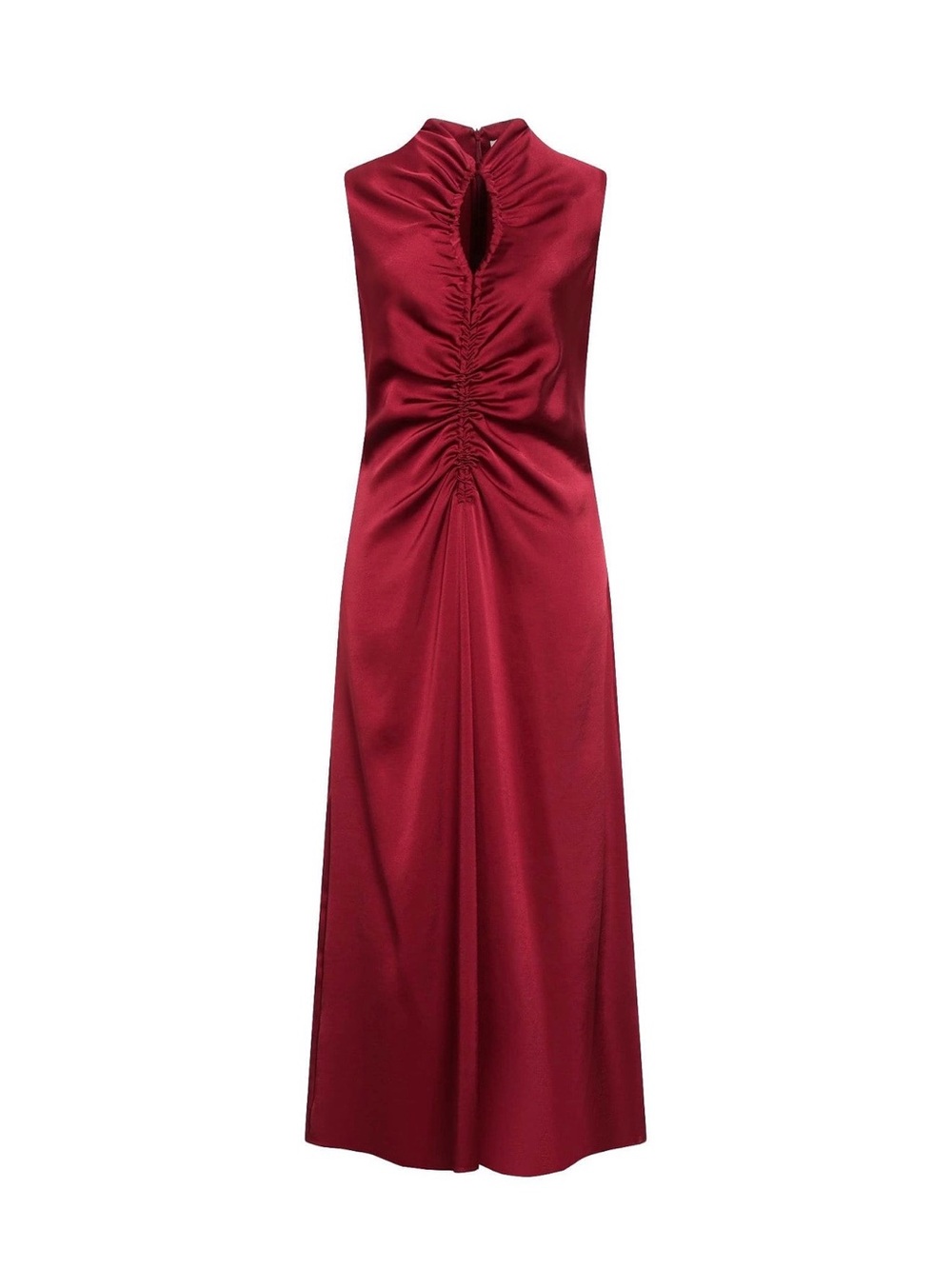 Sandro Sleeveless Burgundy Satin Ruched Midi Dress